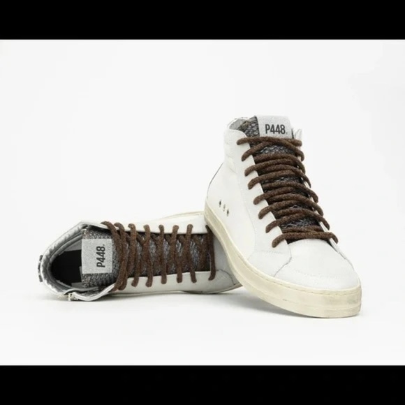 P448 /  Ivory Snake-Print Soft Brown Shoelaces Skate High Top Sneakers 37 7 - Picture 3 of 10